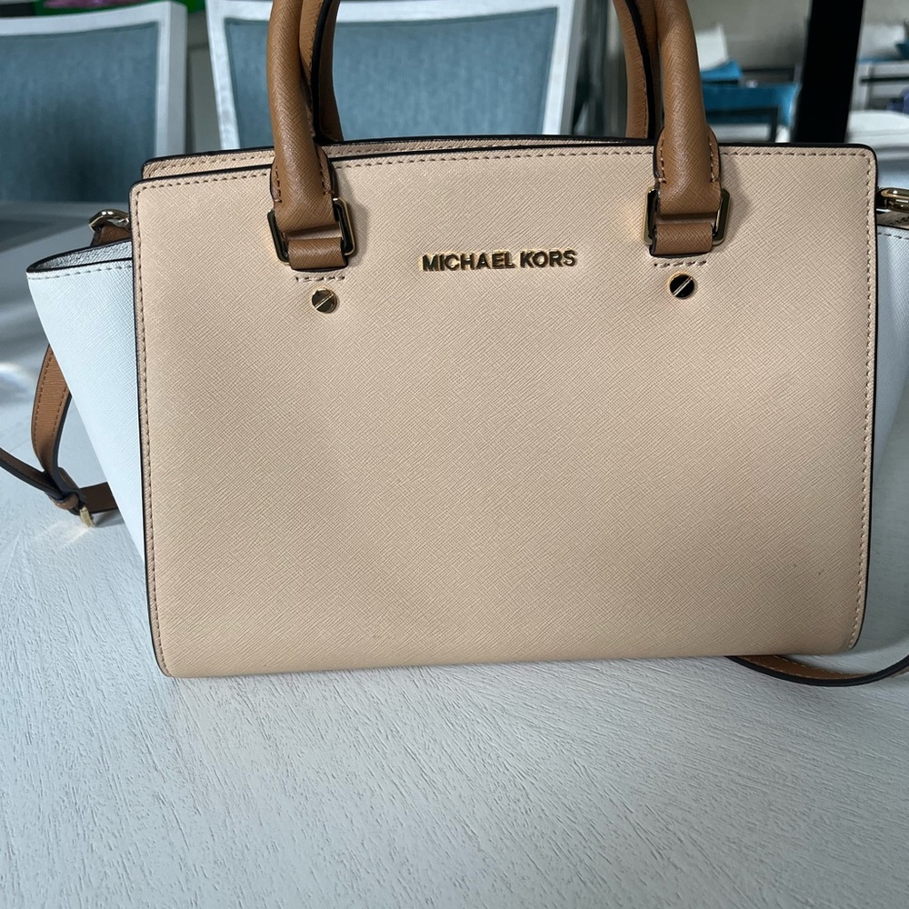 Michael Kors Cream and White Satchel with Structured Design